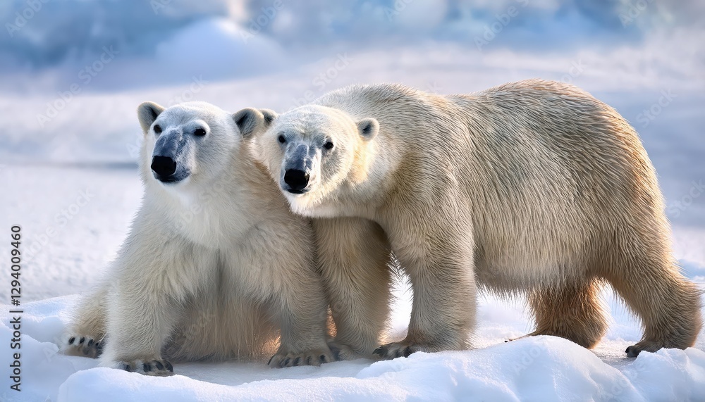 Two Playful Polar Bears Frolicking Amidst a Winter Wonderland of Pure White Snow, Icy Tundra Capturing the Spirit of Arctic Beauty and Majesty. Two Playful Polar Bears Frolicking Amidst a Winter Wonderland of Pure White Snow, Icy Tundra Capturing the Spirit of Arctic Beauty and Majesty.