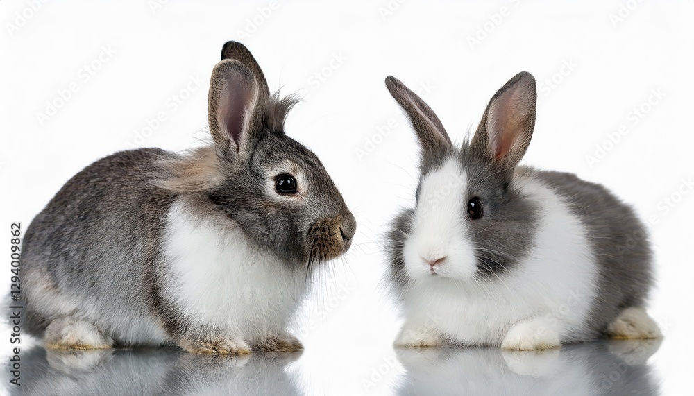 Adorable Gray and White Rabbits in a Transparent Backdrop, Capturing Playful Whimsy and Timeless Charm. Adorable Gray and White Rabbits in a Transparent Backdrop, Capturing Playful Whimsy and Timeless Charm.