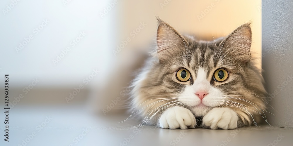 Obraz premium A playful cat peeks out from behind a wall, showcasing its striking features and curious expression in a softly lit space.