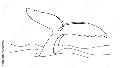 A singleline drawing depicts a whales fluke breaching the oceans surface. The minimalist style showcases the whales tail elegantly against wavy water lines.