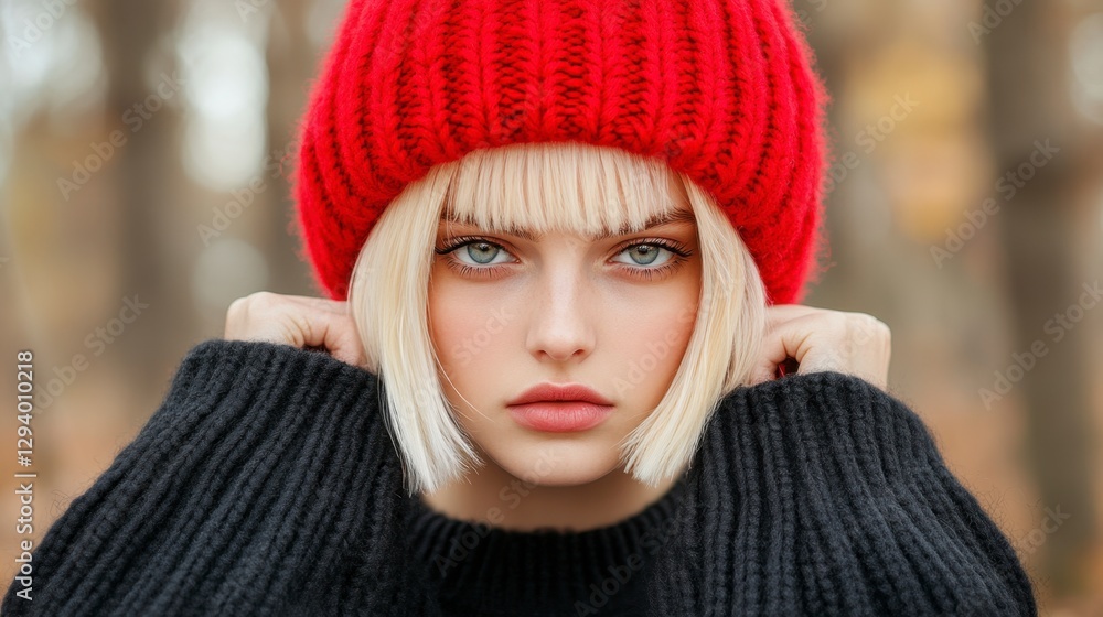 Close up portrait of a young woman with blonde bob haircut wearing a red knitted hat and a dark sweater, outdoors in a blurred autumnal background. Close up portrait of a young woman with blonde bob haircut wearing a red knitted hat and a dark sweater, outdoors in a blurred autumnal background.