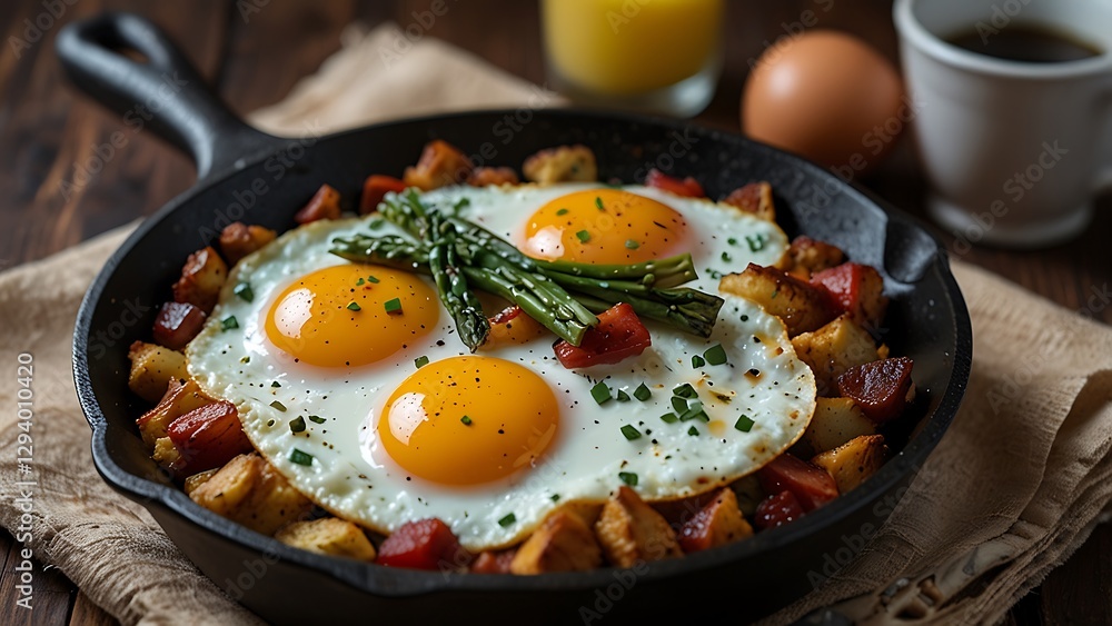 Fried Eggs with Potatoes and Greens in Cast Iron Pan Fried Eggs with Potatoes and Greens in Cast Iron Pan