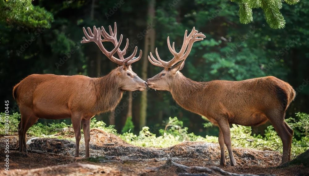 Two Red Deer Cervus Elaphus in Close Encounter Amongst the Green Forest Floor at Sunset, Capturing the Serene and Peaceful Mood of Natures Harmony Two Red Deer Cervus Elaphus in Close Encounter Amongst the Green Forest Floor at Sunset, Capturing the Serene and Peaceful Mood of Natures Harmony