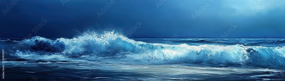 A vibrant painting depicts a powerful wave crashing onto the sandy shore of a tranquil beach at sunset.