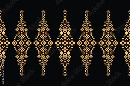 Fabric pattern traditional ethnic motif ikat geometric cross stitch.Ikat embroidery Ethnic oriental Pixel black label background. Abstract,vector,illustration. Texture,decoration,wallpaper.
