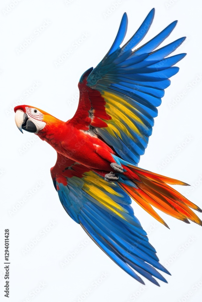 Fototapeta premium Majestic scarlet macaw soars gracefully against a bright white background vibrant plumage in full display exotic bird