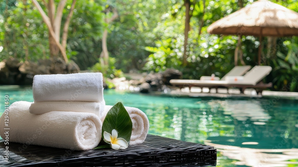Obraz premium Luxurious Spa Towels Beside Relaxing Pool in Tropical Garden Setting
