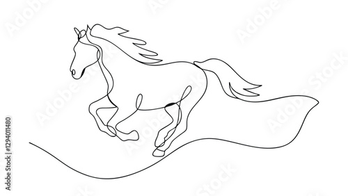 A singleline drawing depicts a horse gracefully galloping. The continuous line creates a dynamic sense of movement and energy, with the horses mane and tail flowing.