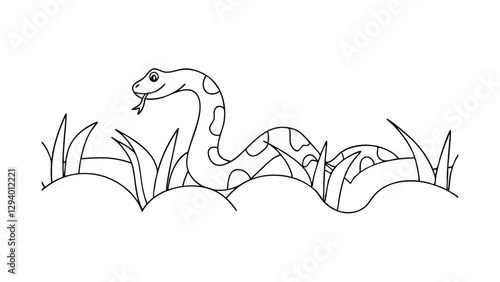 A simple line drawing of a cartoon snake in the grass. Black and white illustration, childfriendly design. The snake has spots and is partially hidden in the tall grass.