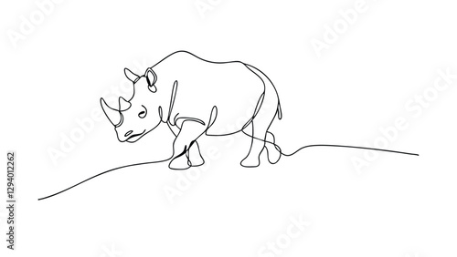 A minimalist line drawing depicts a rhinoceros, its thick hide and prominent horn suggested by a continuous, unbroken line. The rhino stands on a simple, subtly curved ground line.