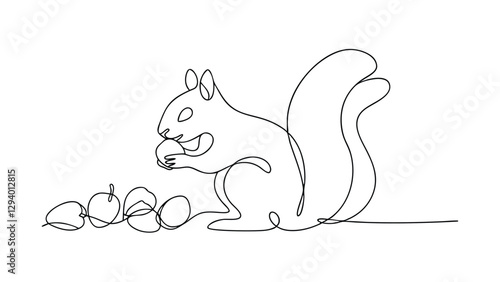 Single Line Drawing of a Squirrel Eating Acorns in Autumn