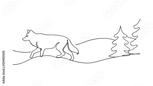 A minimalist line drawing depicts a wolf traversing a gently rolling landscape, conifers silhouetted against a simple background. The style is clean and evocative of winter.