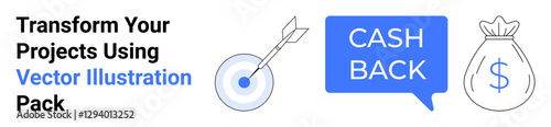 Bullseye target with arrow, cashback speech bubble, and moneybag with dollar sign. Ideal for marketing, saving goals, rewards programs, finance, e-commerce, budgeting flat landing page banner