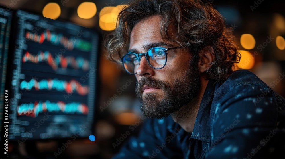 Focused man analyzes stock market data on monitors in office at night Focused man analyzes stock market data on monitors in office at night