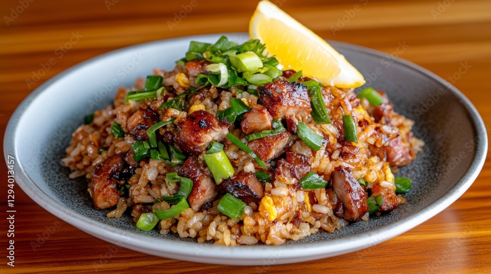Delicious fried rice dish with savory meat, garnished with sliced lemon and green onions, served on a gray plate. Warm lighting enhances the food's Delicious fried rice dish with savory meat, garnished with sliced lemon and green onions, served on a gray plate. Warm lighting enhances the food's