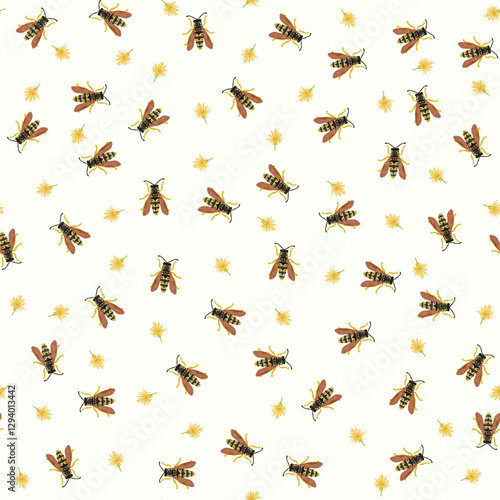 Floral seamless pattern with wasp insects on a white background and yellow flower bud. Vector illustration.