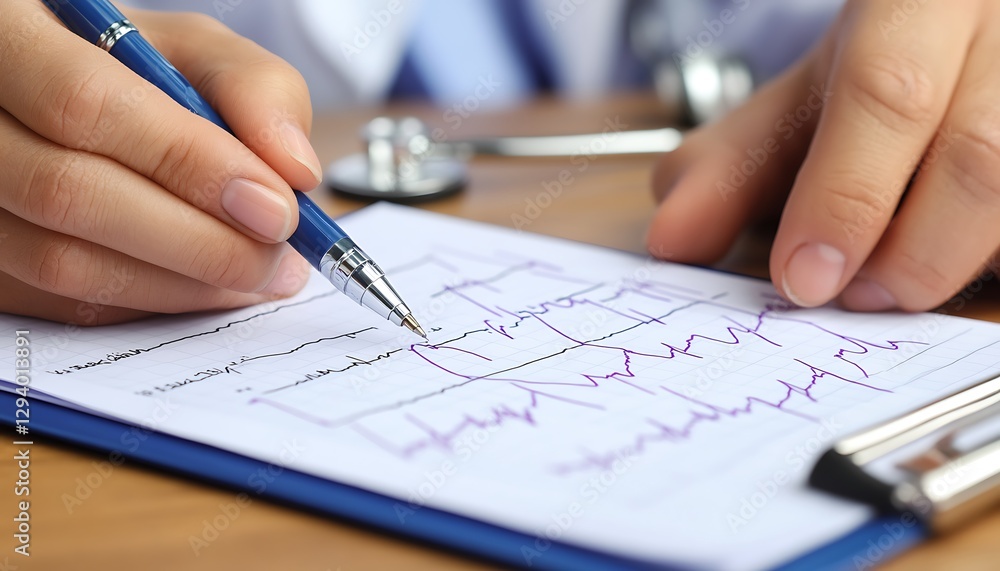 The doctor is writing on a chart with a blue pen carefully The doctor is writing on a chart with a blue pen carefully