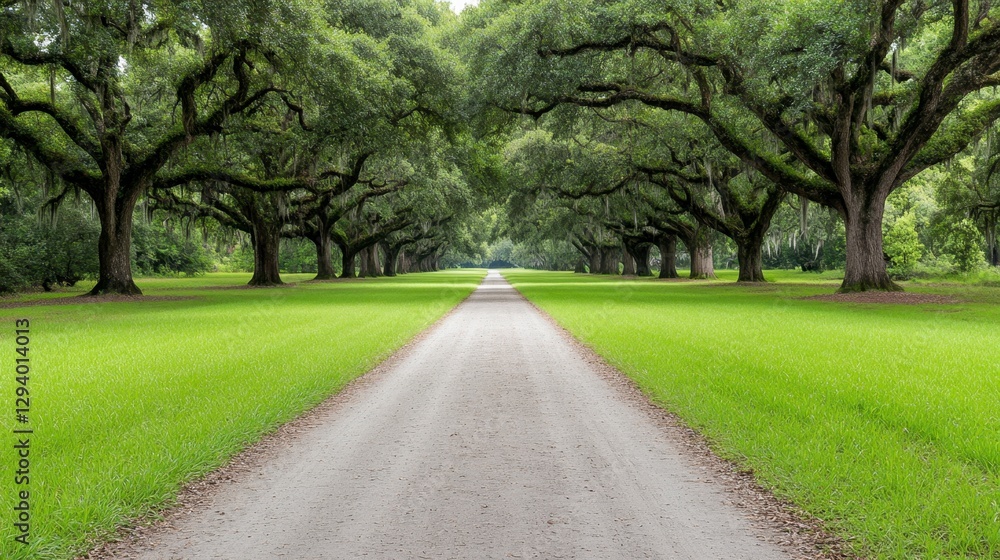 Gravel path lined with lush green grass leading between two rows of large, majestic oak trees. Soft, natural light creates a peaceful atmosphere. Gravel path lined with lush green grass leading between two rows of large, majestic oak trees. Soft, natural light creates a peaceful atmosphere.