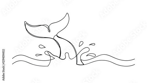 Single Line Whale Tail Splashing Ocean Minimalist Art Drawing
