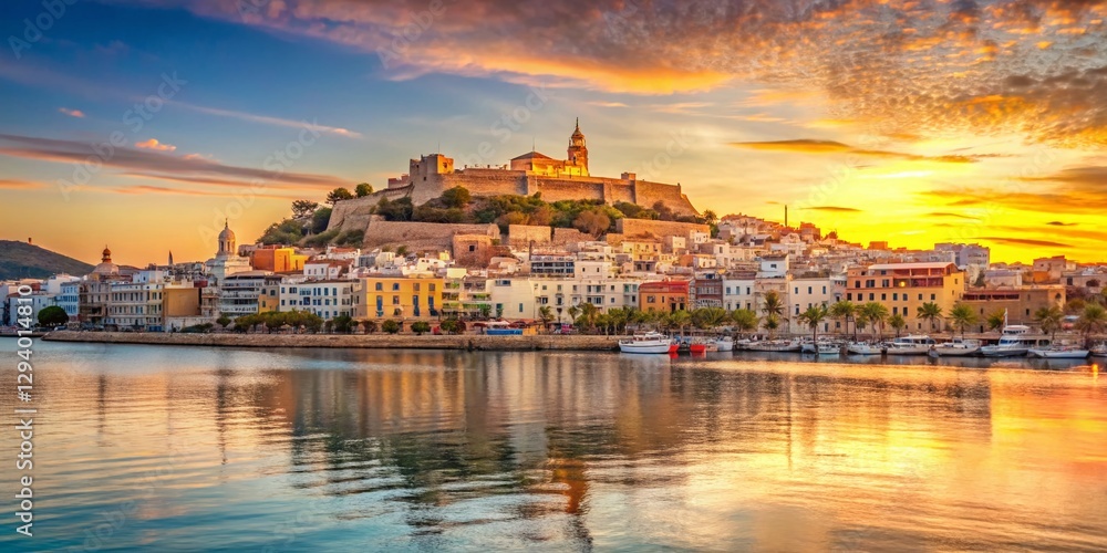 Fototapeta premium Ibiza Town Sunrise Cityscape Ferry View - Stunning Mediterranean Coastal Panorama
