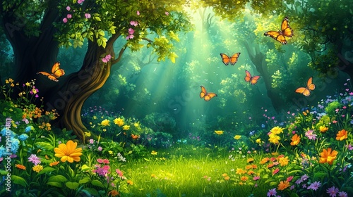 A lush green forest with a tree in the foreground and a group of butterflies flying around it. The butterflies are of different colors and sizes, and they seem to be enjoying the sunny day