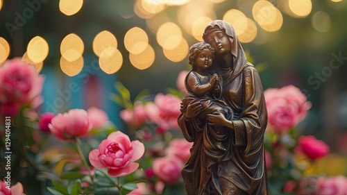 A statue of a woman holding a child in her arms. The statue is surrounded by pink flowers
