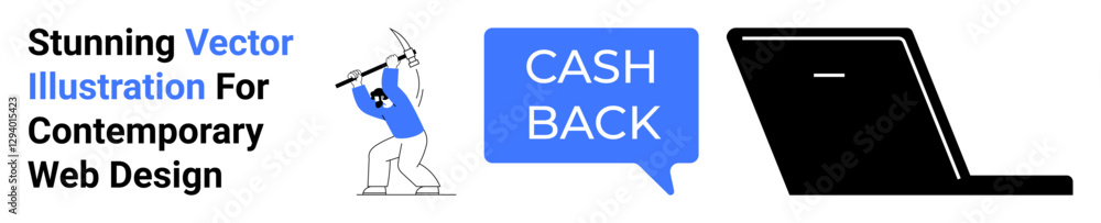 Worker mining with pickaxe, cashback text in speech bubble, and laptop. Ideal for e-commerce savings, financial apps, promotions, digital tools, online shopping, tech banner flat landing page banner Worker mining with pickaxe, cashback text in speech bubble, and laptop. Ideal for e-commerce savings, financial apps, promotions, digital tools, online shopping, tech banner flat landing page banner