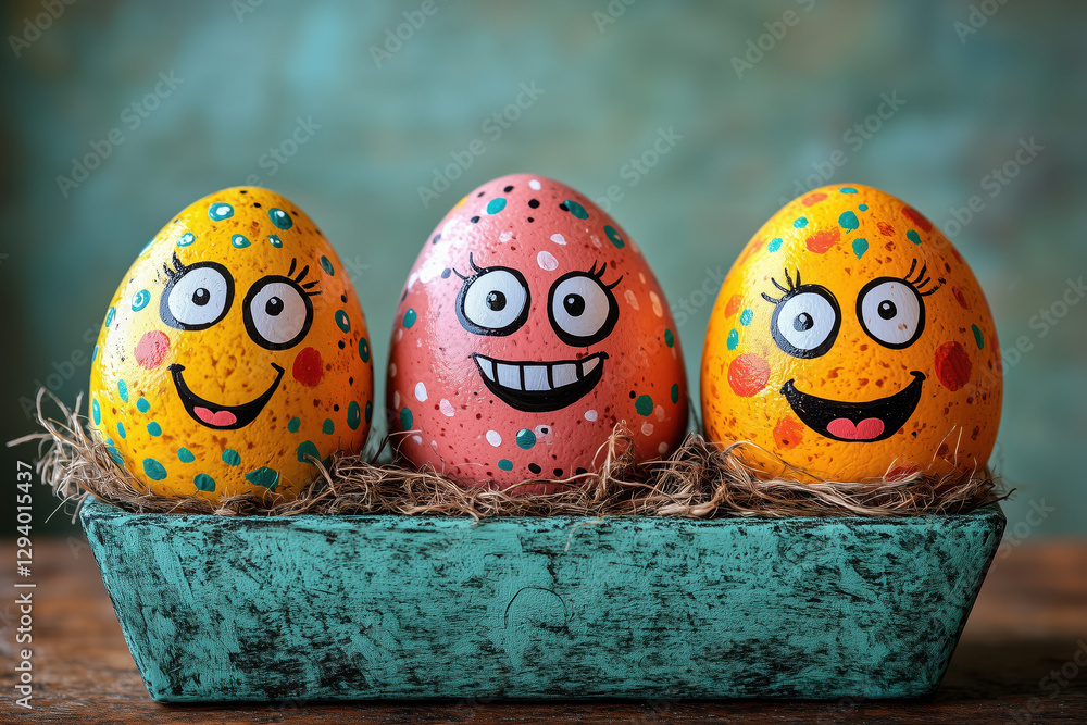 Cute easter eggs with funny faces in green box isolated on light blue background. Happy easter concept. Painted Easter eggs.