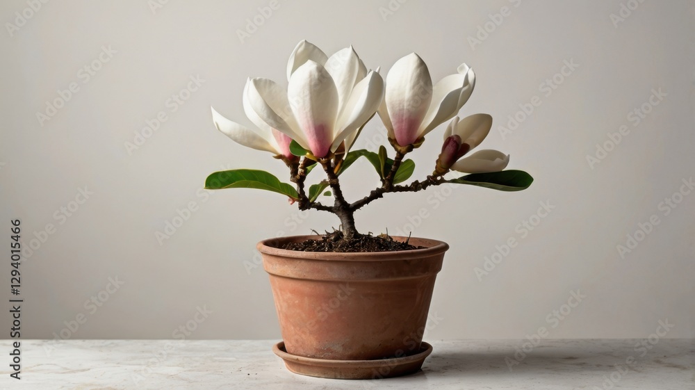 Small Magnolia Shrub in Terra Cotta Pot Isolated on Off White Background with White and Pink Flowers and Green Leaves in Studio Lighting Shot for Stock Photography Usage Plant Still Life Small Magnolia Shrub in Terra Cotta Pot Isolated on Off White Background with White and Pink Flowers and Green Leaves in Studio Lighting Shot for Stock Photography Usage Plant Still Life