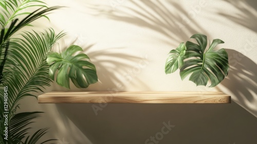 Fresh Greenery Display on Wooden Shelf with Soft Natural Shadows