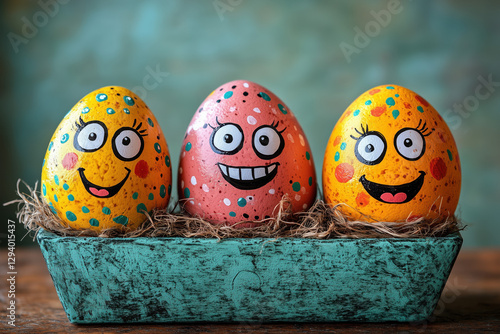 Obraz na płótnie Cute easter eggs with funny faces in green box isolated on light blue background. Happy easter concept. Painted Easter eggs. w salonie