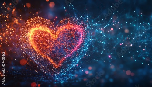 An abstract portrayal of the heart and brain intertwined, with glowing lines and vibrant colors, symbolizing the connection between love, intelligence, and emotional intelligence