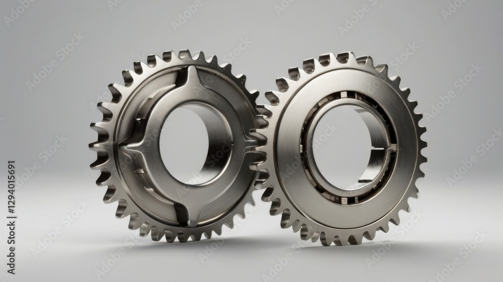 Sprocket Gear Duo in Silver Metallic Finish on Neutral Backdrop Mechanical Precision and Industrial Design Close Up