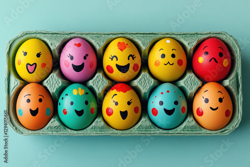 Cute easter eggs with funny faces in green box isolated on light blue background. Happy easter concept. Painted Easter eggs.