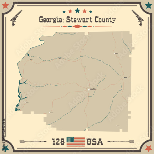 Large and accurate map of Stewart County, Georgia, USA with vintage colors.