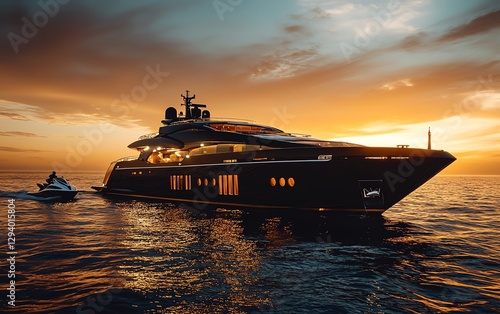 An extravagant black and gold yacht on the ocean at sunset, with a jet ski alongside, symbolizing luxury travel and the epitome of rich, exclusive living photo