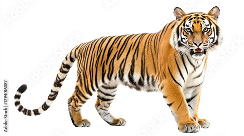 Tiger animal isolated on white, big bengal cat vector illustration. Wildlife striped predator,one wild undomesticated animal with paws. Old power mammal with tail, feline color portrait design. photo