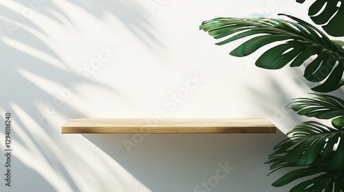 Minimalist Shelf Decor with Green Plant and Shadow Play on Wall