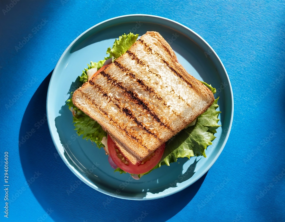 Overhead shot of a sandwich on a plate, placed on a blue table, with backlighting, captured in a close-up, high-quality photo, highlighting textures and details. Overhead shot of a sandwich on a plate, placed on a blue table, with backlighting, captured in a close-up, high-quality photo, highlighting textures and details.