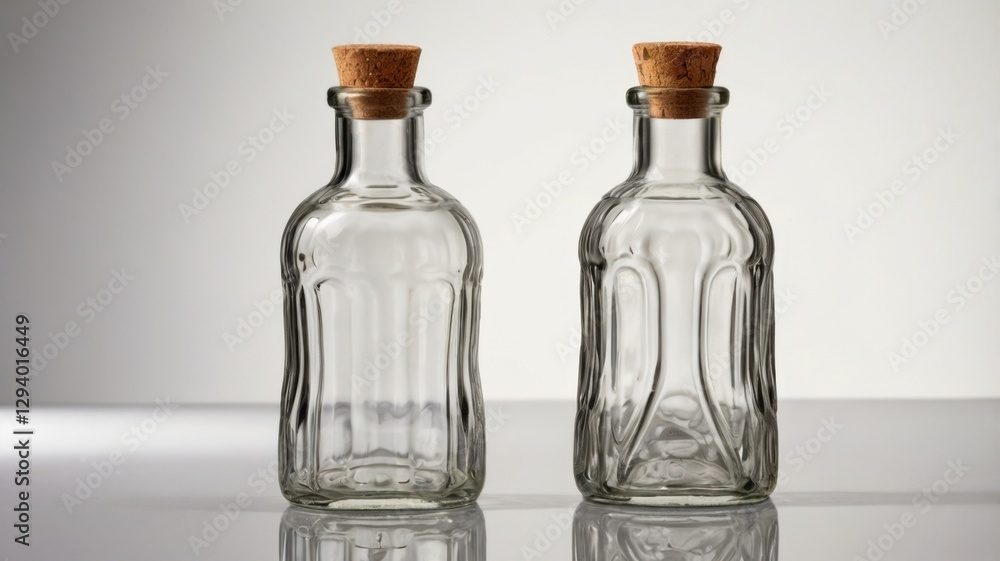 Two Clear Glass Syrup Bottles with Cork Stoppers on Light Reflective Surface Two Clear Glass Syrup Bottles with Cork Stoppers on Light Reflective Surface