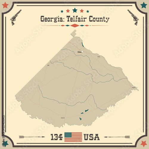 Large and accurate map of Telfair County, Georgia, USA with vintage colors.