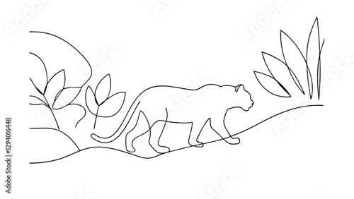 Singleline drawing of a panther or jaguar walking through tropical vegetation. Simple, elegant style. Black line art on white background. Minimalist jungle scene.