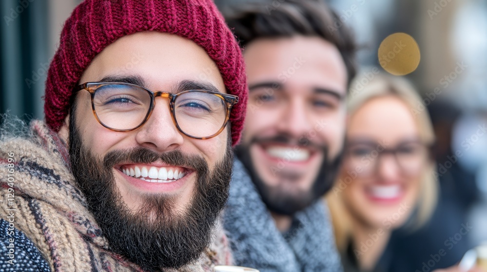 Three young adults, one man in a red beanie and glasses smiling broadly, two others smiling gently behind him, outdoor setting, winter day Three young adults, one man in a red beanie and glasses smiling broadly, two others smiling gently behind him, outdoor setting, winter day