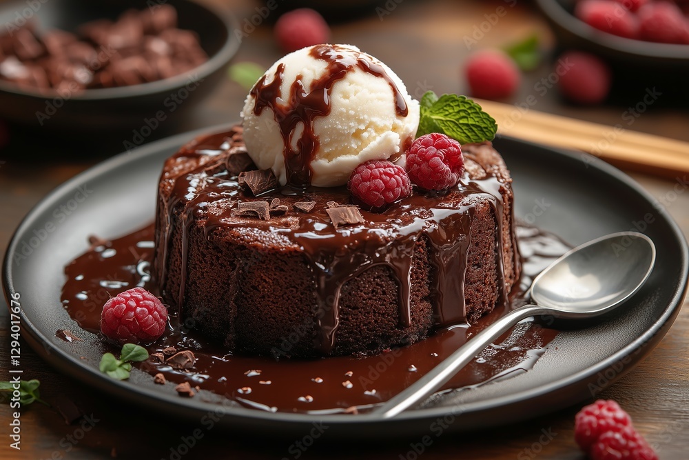 A mouthwatering chocolate lava cake with vanilla ice cream, drizzled in a rich and glossy fudge sauce for an extremely delicious-looking dessert. A spoon is sitting next to the food A mouthwatering chocolate lava cake with vanilla ice cream, drizzled in a rich and glossy fudge sauce for an extremely delicious-looking dessert. A spoon is sitting next to the food