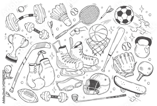 Sport elements doodle sketch set. Hand drawn cartoon illustrations of tennis, basketball, box, baseball, hockey, golf, American football, soccer, skateboard. Vector collection