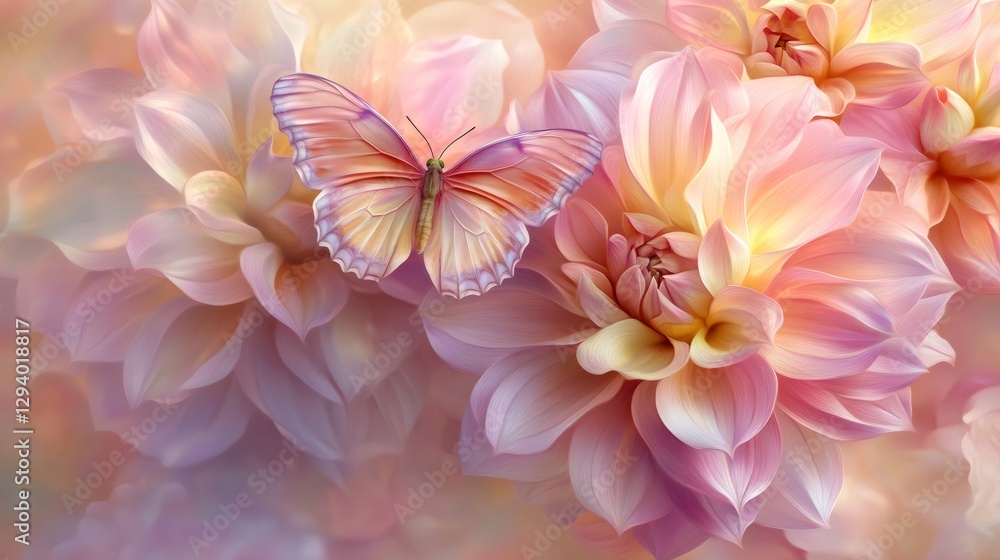 Morpho butterfly resting on beautiful pink dahlia flowers Morpho butterfly resting on beautiful pink dahlia flowers