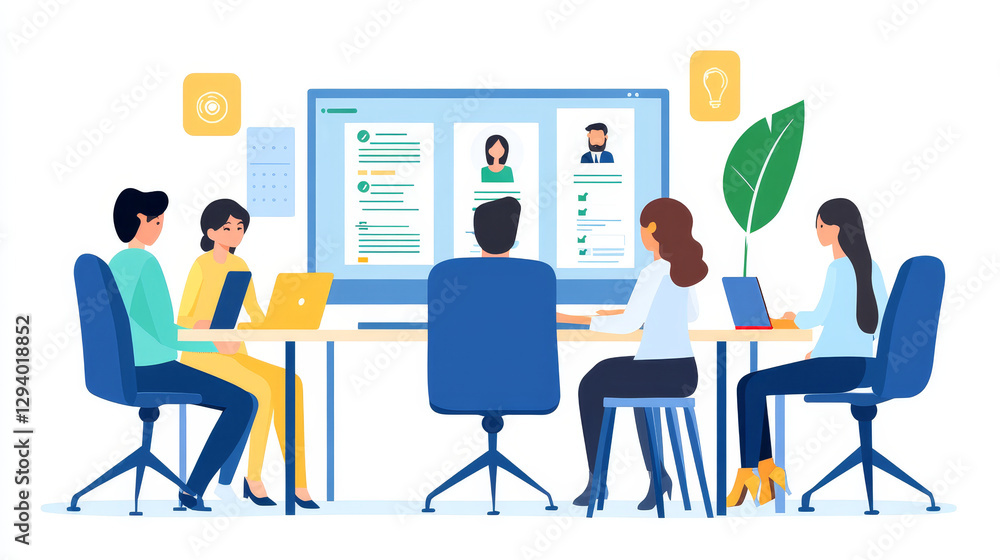 Employment recruitment at business company office, vector illustration. Team worker choose candidates, study questionnaire and resume with magnyfire on cartoon large laptop screen. Employment recruitment at business company office, vector illustration. Team worker choose candidates, study questionnaire and resume with magnyfire on cartoon large laptop screen.