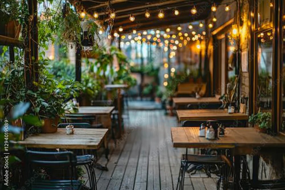 Cozy café terrace with wooden tables, string lights, and green plants. Cozy café terrace with wooden tables, string lights, and green plants.