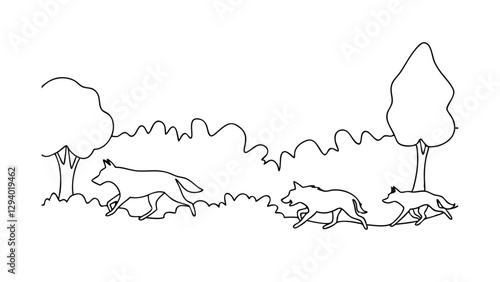 A minimalist line drawing depicts three wolves running through a simple forest landscape with two trees. The style is clean and uncluttered, suggesting speed and freedom.