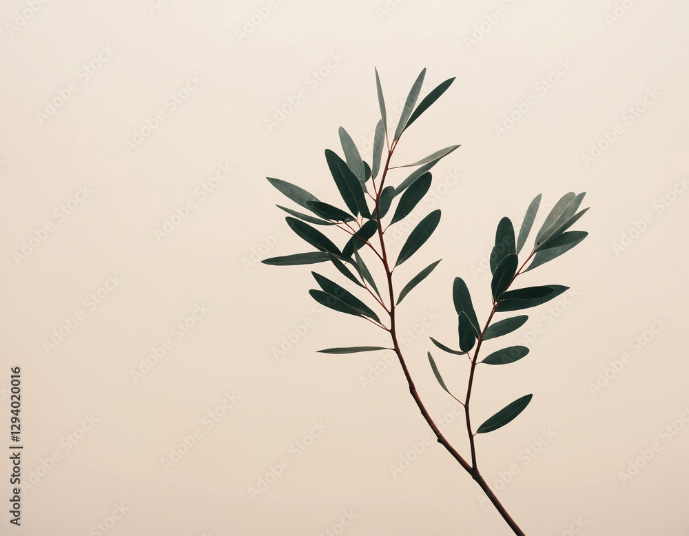olive branch minimalistic picture. leaves on branch in front of beige background